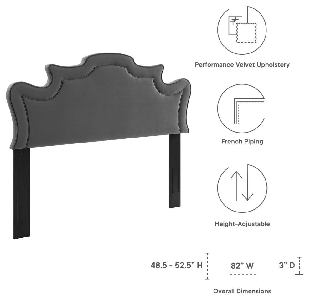 Headboard, King California, Charcoal Gray, Velvet, French, Mid Century