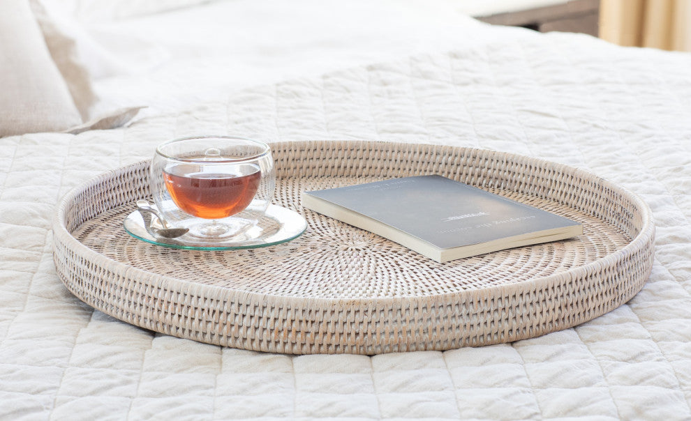 Artifacts Rattan™ Round Serving / Ottoman Tray, White Wash, Medium