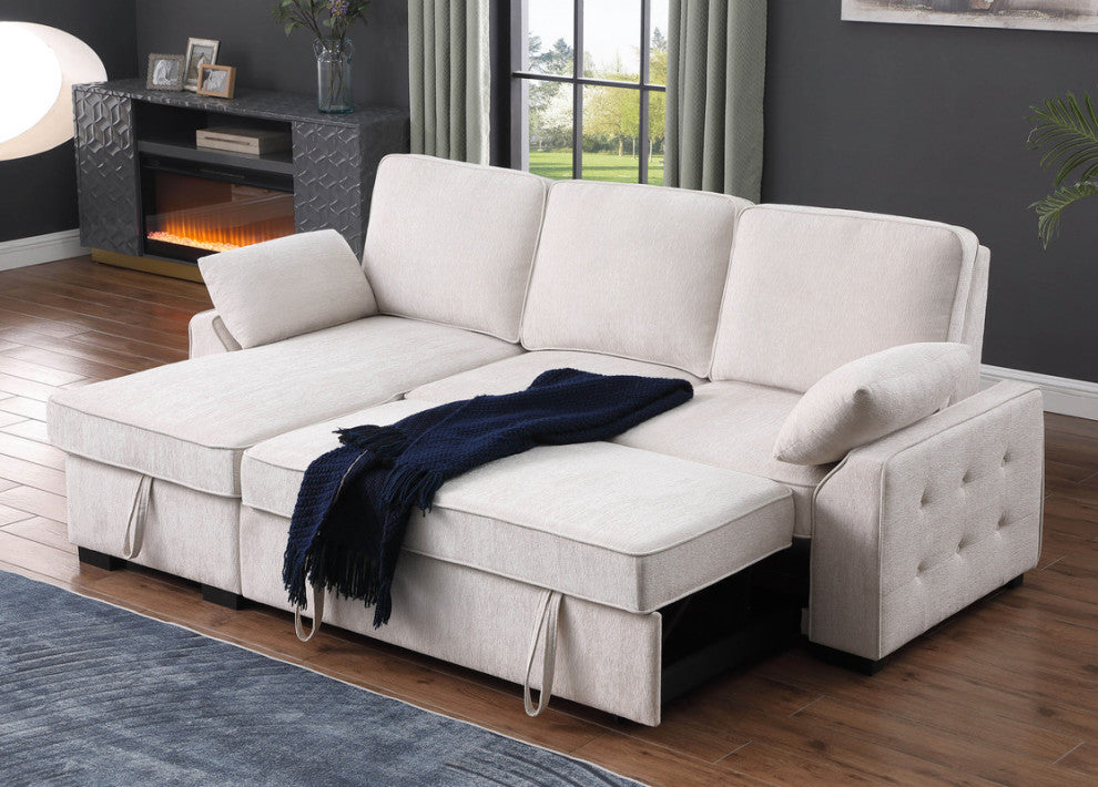 Mackenzie 91" Chenille Reversible Sleeper Sectional, Drop-Down Table, Beige