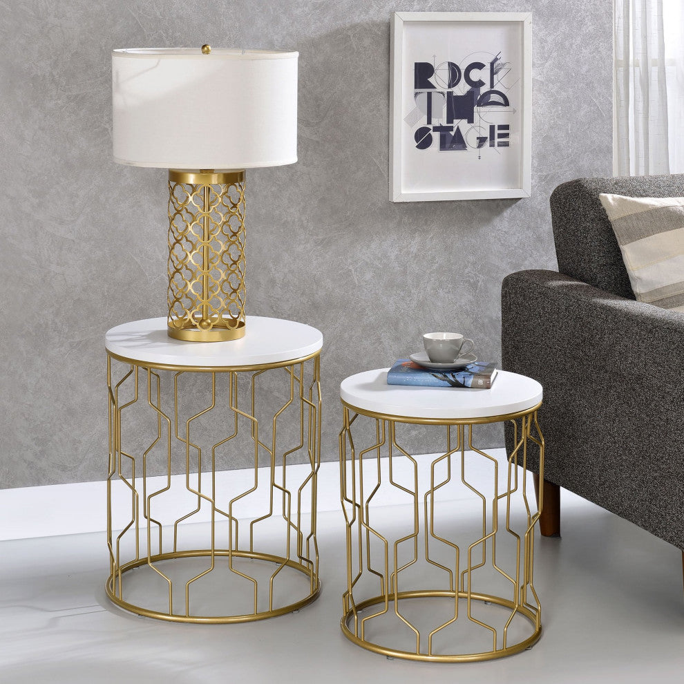 Set of 2 Nesting Nightstand, Geometric Metal Base With Round Top, Golg Coating
