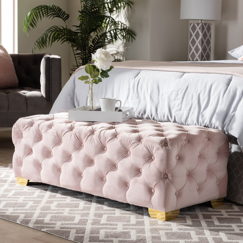 Kimberly Luxe Velvet Upholstered Gold Button Tufted Bench Ottoman, Light Pink