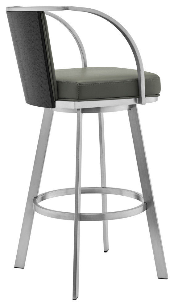 Livingston Gray Faux Leather and Brushed Stainless Steel Swivel Bar Stool, 30"