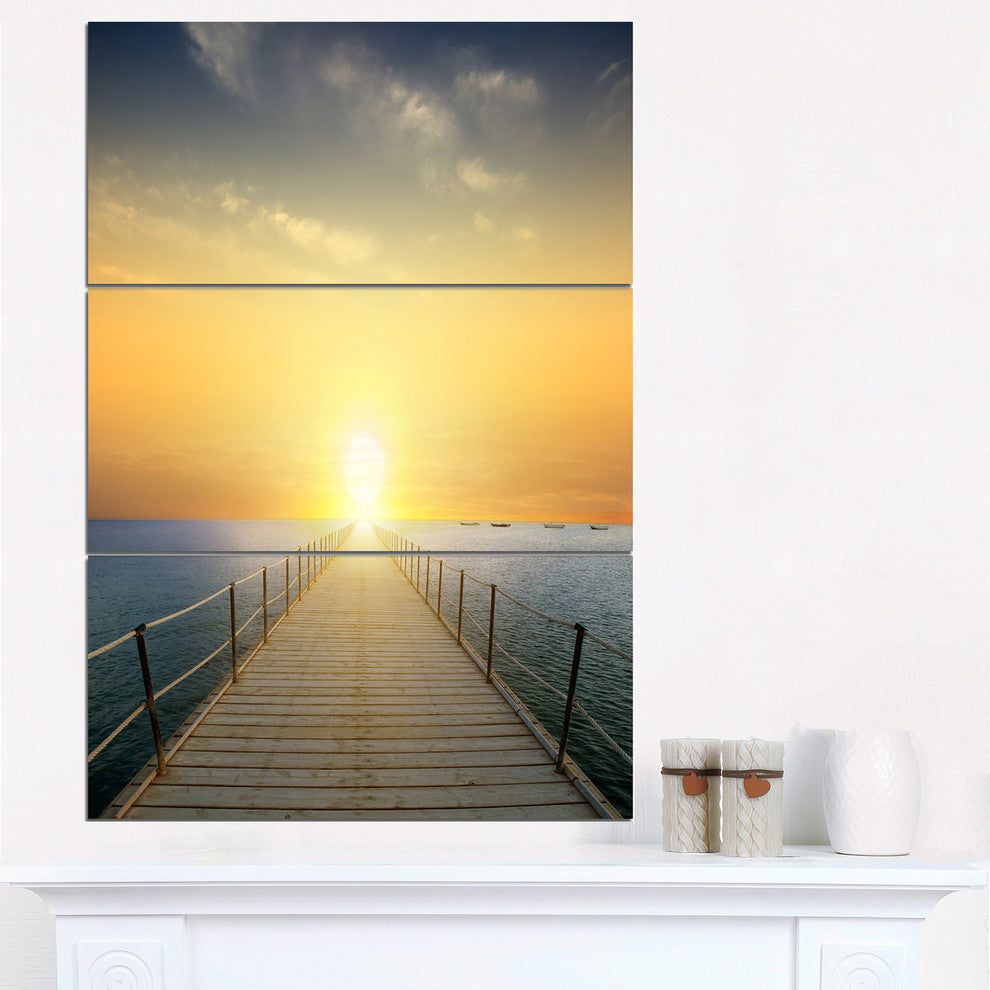 "Ocean Sunset With Pier" Photo Metal Wall Art, 3 Panels, 28"x36"