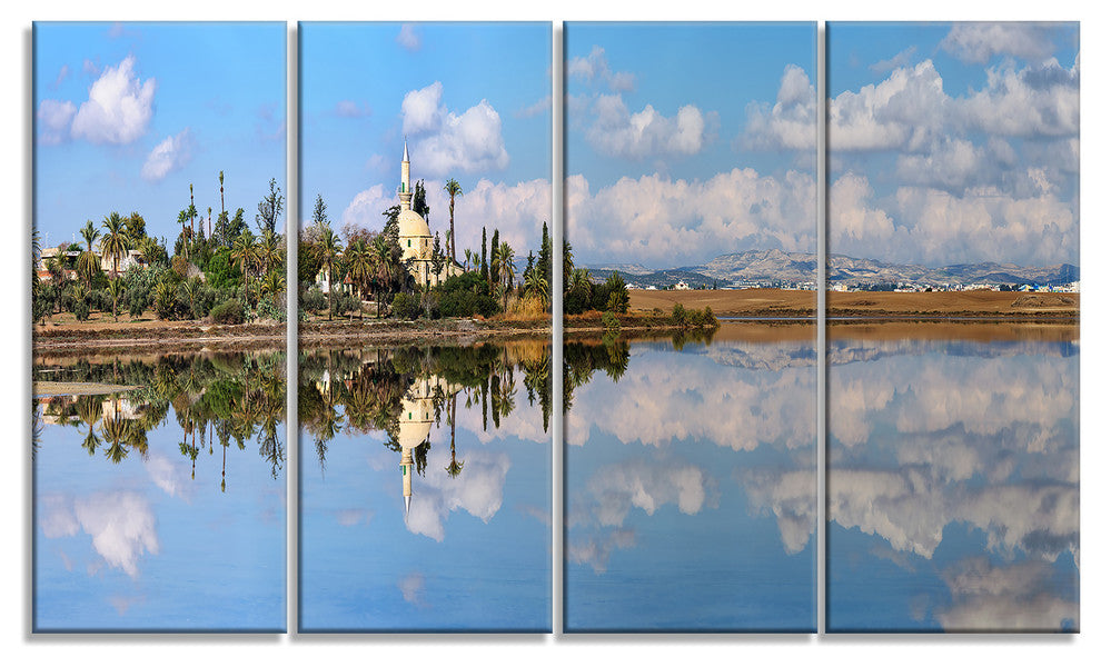 "Hala Sulttan Tekke in Cyprus Panorama" Seashore Wall Art, 4 Panels, 48"x28"