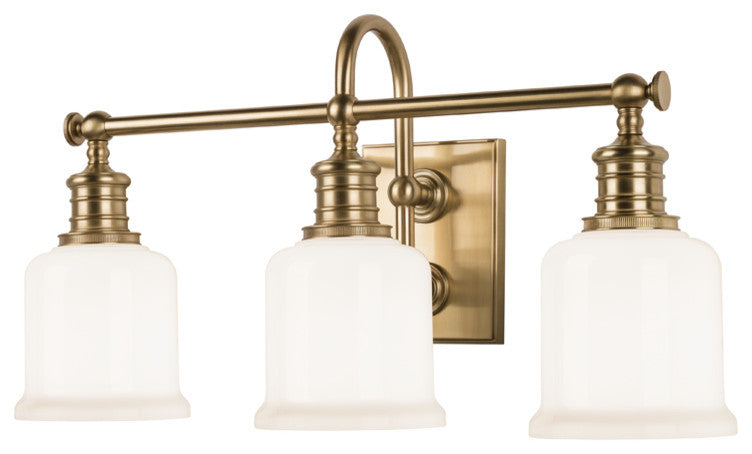 Keswick 3-Light Bath and Vanity With Opal Glossy Glass Shade, Aged Brass