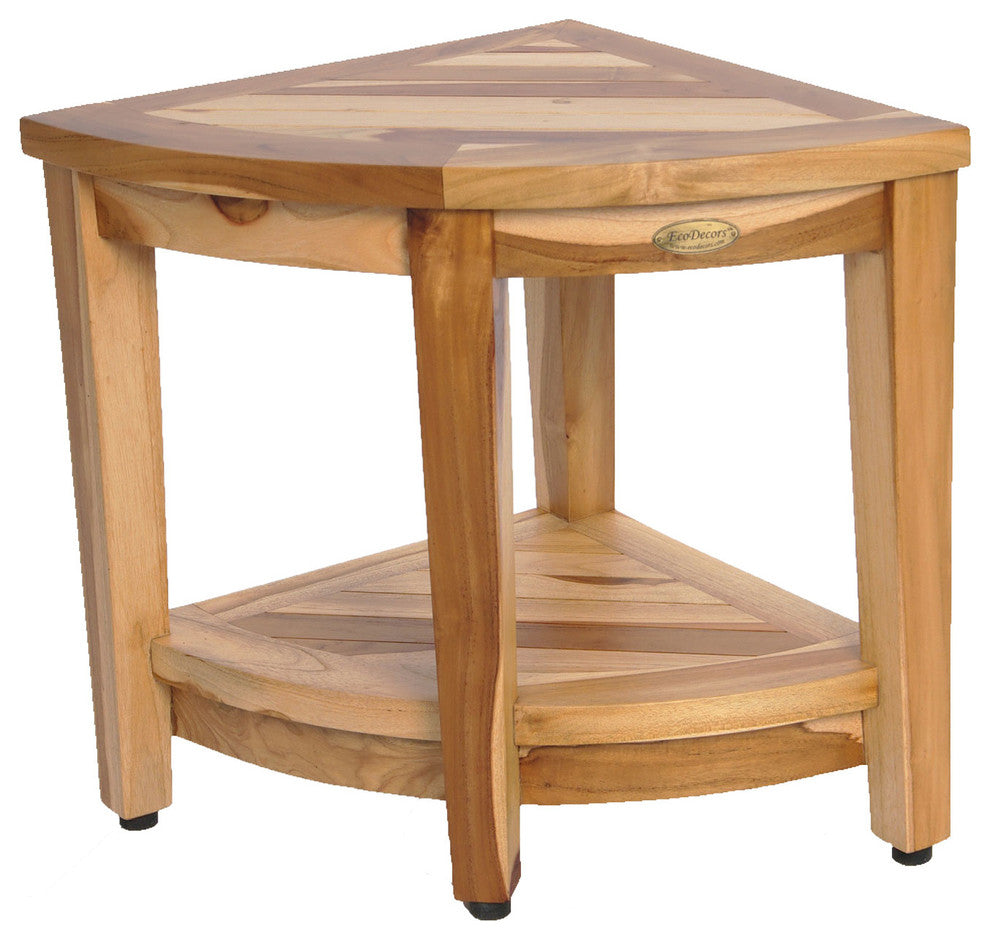 Ecodecors Earthyteak Corner Teak Shower Stool, 16"x16"x18", With Shelf