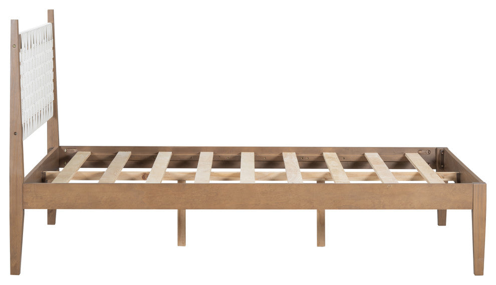 GDF Studio Queen Platform Bed With Woven White Leather Back & Natural Wood Frame