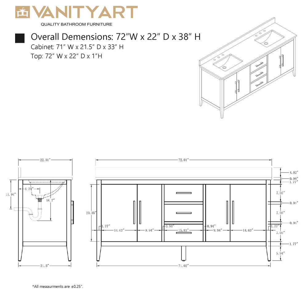 Vanity Art Bathroom Vanity With Sink, Driftwood Gray, 72", Double Sink, Golden Brushed