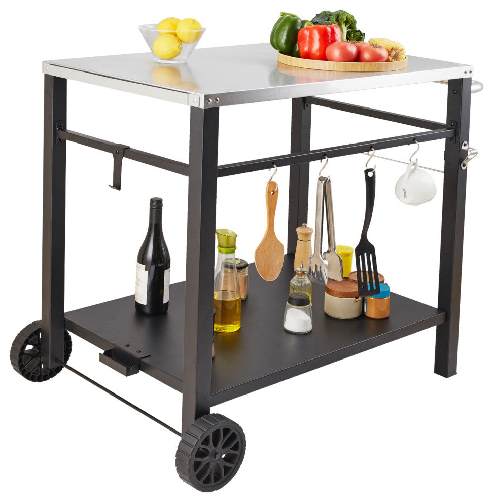 VEVOR Outdoor Grill Dining Cart Double-Shelf BBQ Movable Food Prep Trolley Patio