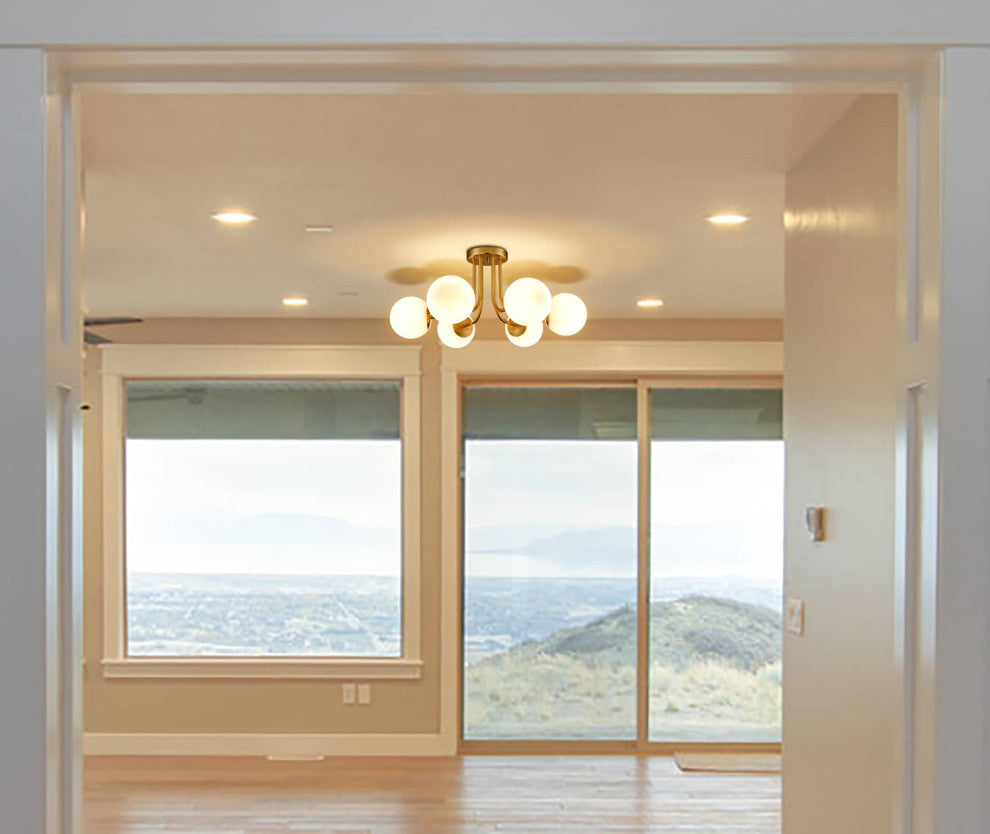 Modern Brass Globe Ceiling Light 6-Light With Opal Glass