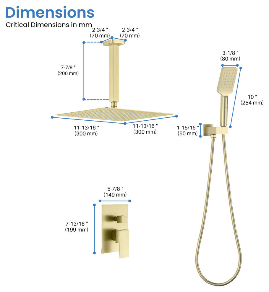 Ceiling Mounted 2-Function Shower System, Rough, Valve, Brushed Gold