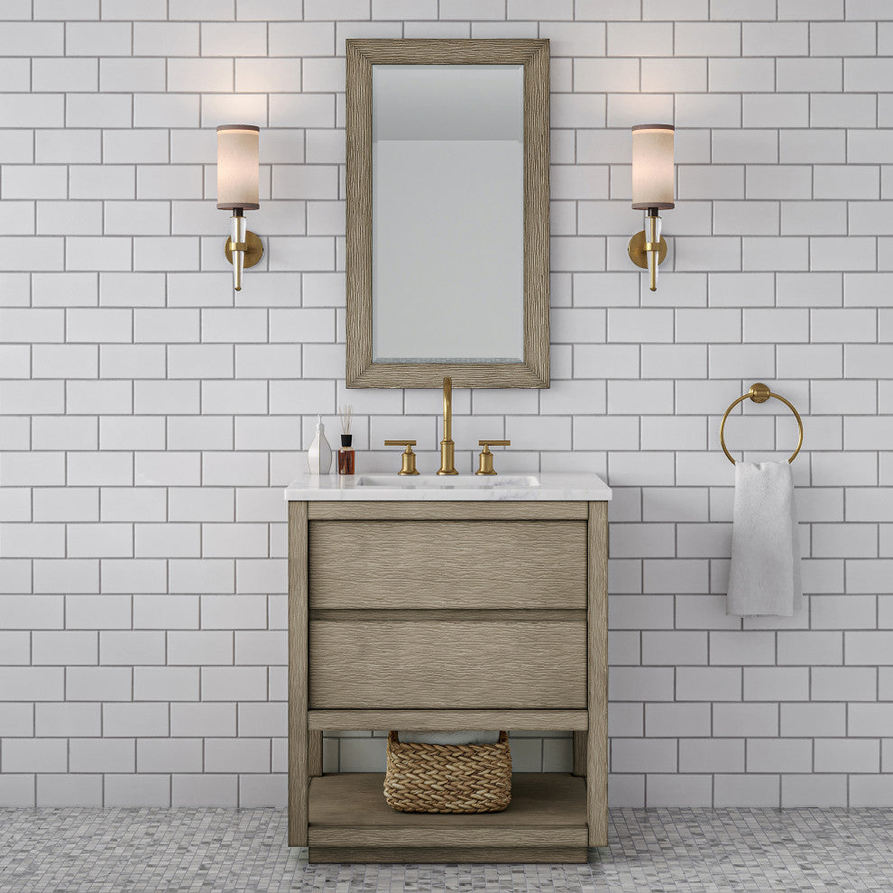Oakman Marble Top Vanity in Grey Oak with Faucet, 30", Vanity With Satin Gold Faucet