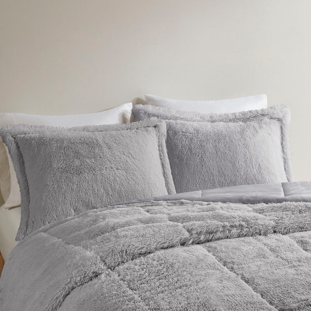 Intelligent Design Brielle Ombre Shaggy Long Fur Comforter Mini Set, Grey