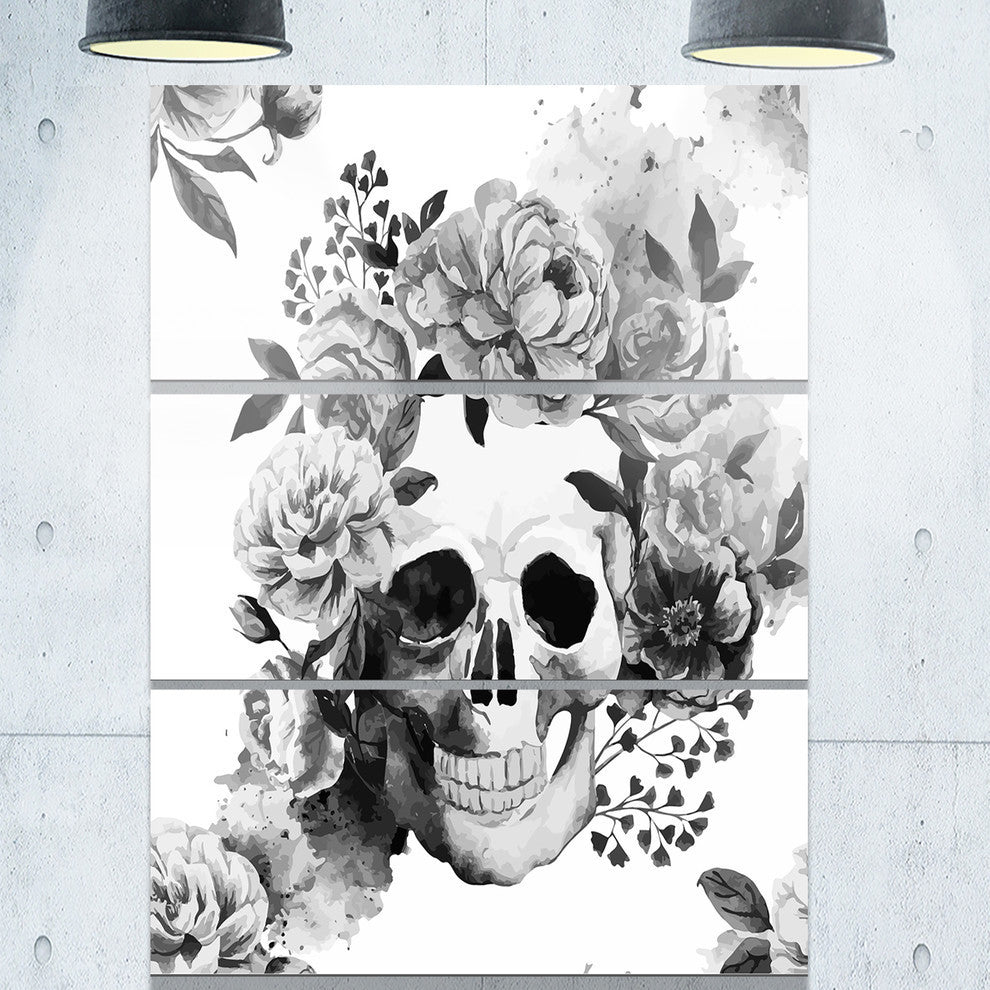 "Peony Watercolor Skull" Digital Glossy Metal Wall Art, 3 Panels, 28"x36"