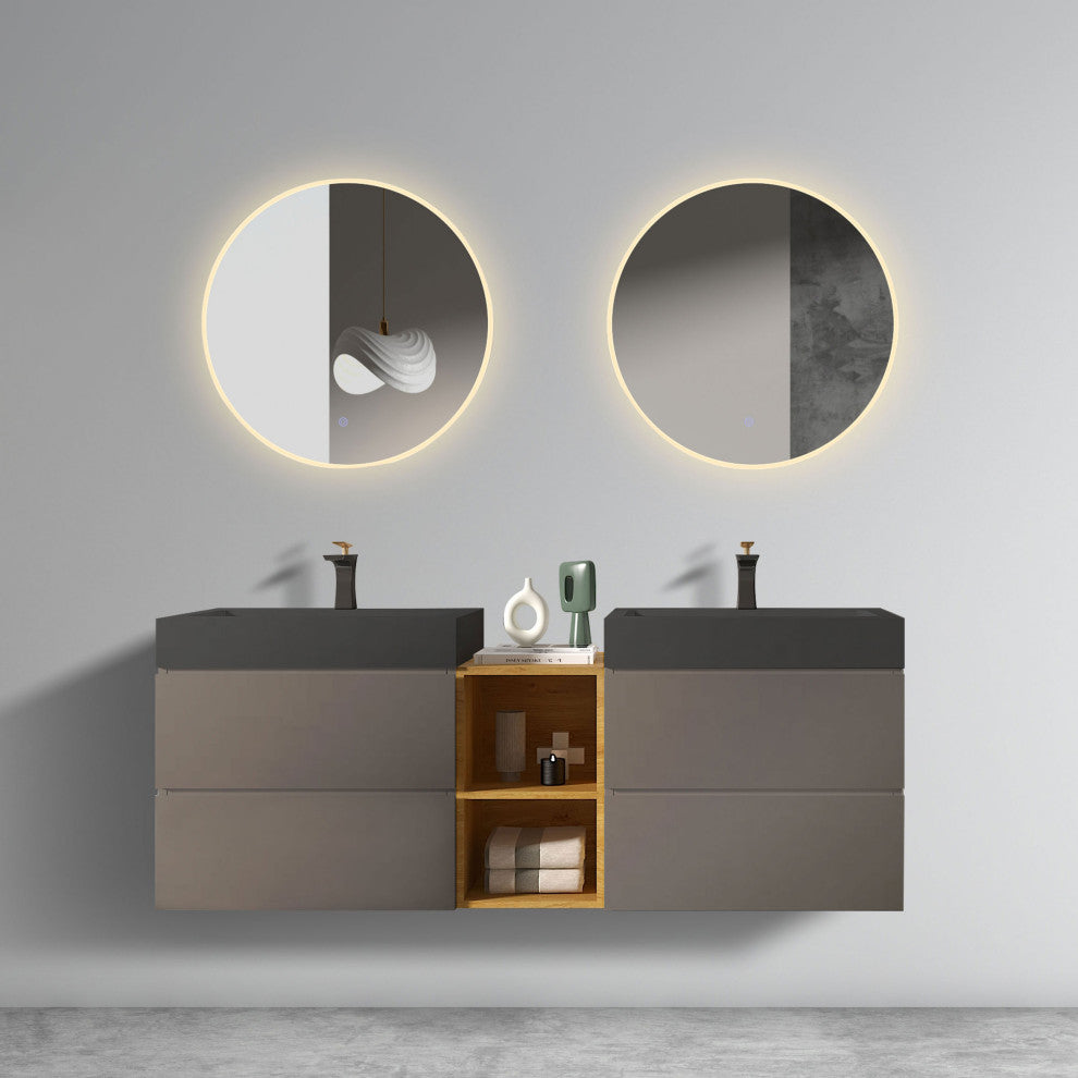 Wall-Mounted Bathroom Vanity with Double Sinks and Open Shelf, Light Gray, 60"