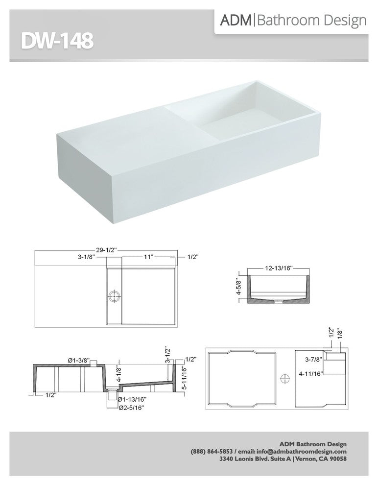 ADM Rectangular Wall Mounted Sink, White, 30", On-Right