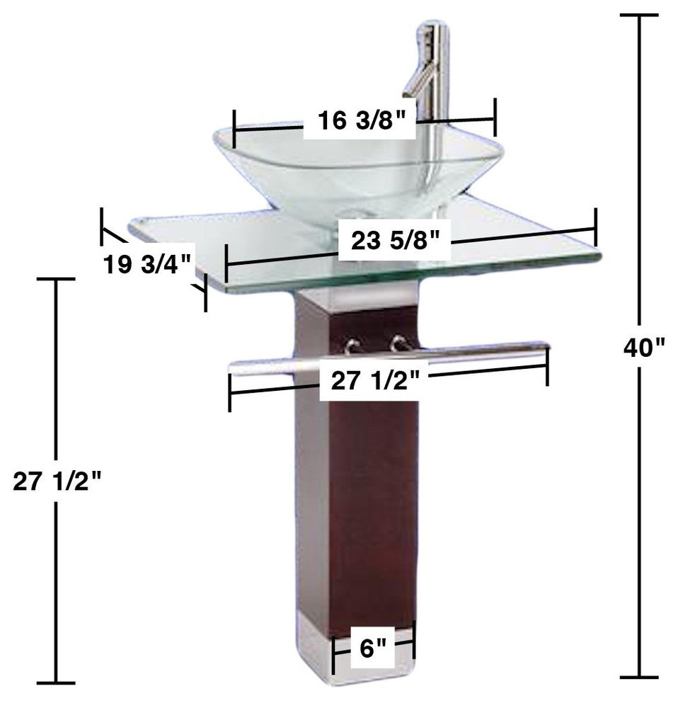 Tempered Glass Pedestal Sink Chrome Faucet Towel Bar and Drain Combo Set of 3