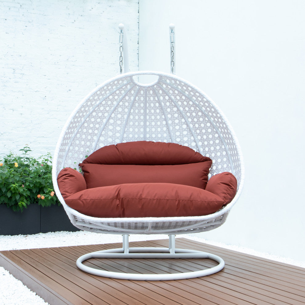 2 Person White Wicker Double Hanging Egg Swing Chair, Dark Orange