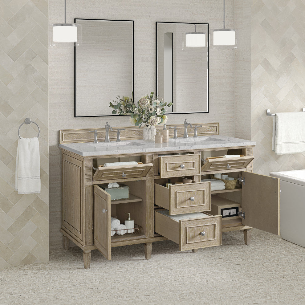 Lorelai 60" Double Vanity, Oak, 3 CM Eternal Jasmine Pearl Top