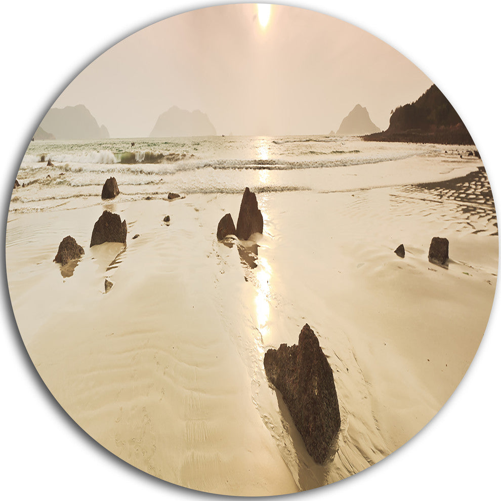 Sunrise Over Rocky Sea Panorama, Modern Seashore Round Wall Art, 38"