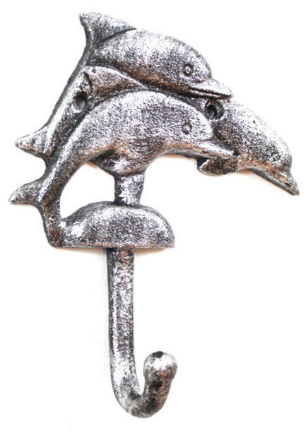 Rustic Silver Cast Iron Dolphins Wall Hook 6"