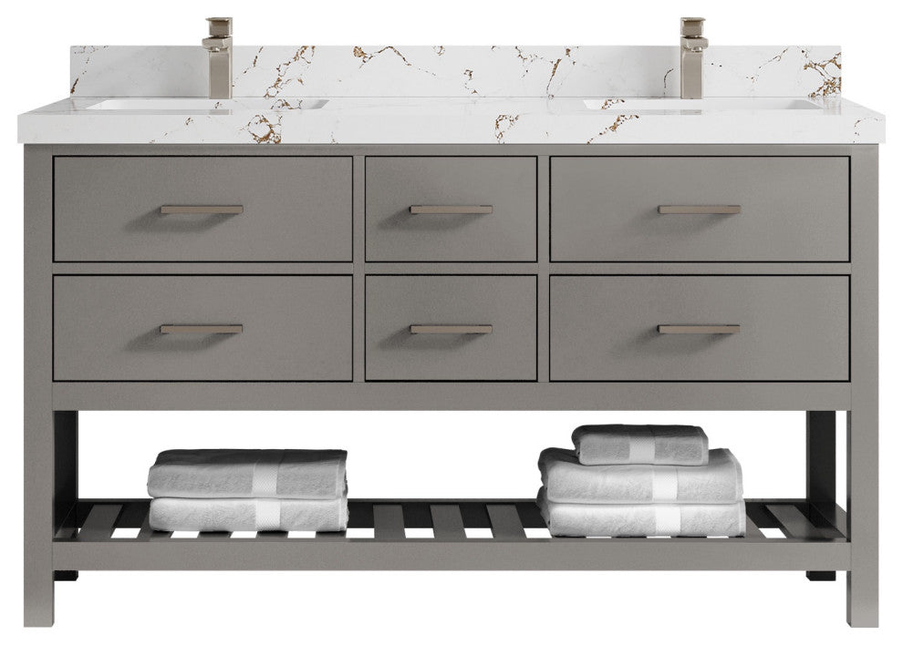 Parker 60 Double Sink Bathroom Vanity in Elephant Skin Gray  2" Viola Brown