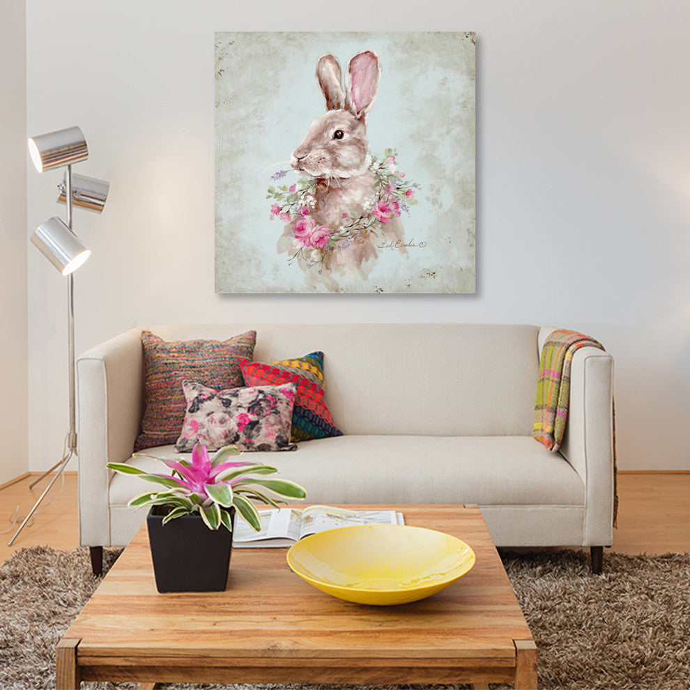 "Bunny With Wreath" by Debi Coules, Canvas Print, 26"x26"
