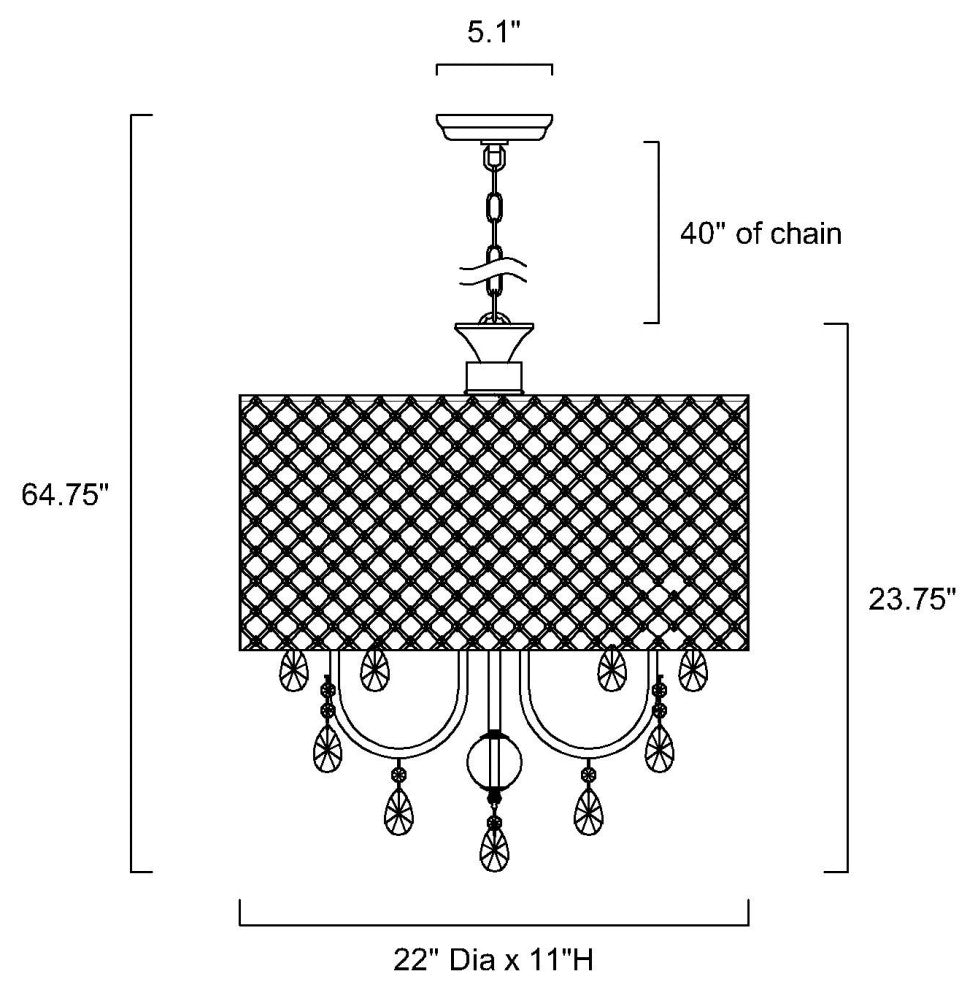 6-Light Gold Round Beaded Drum Chandelier With Hanging Crystals