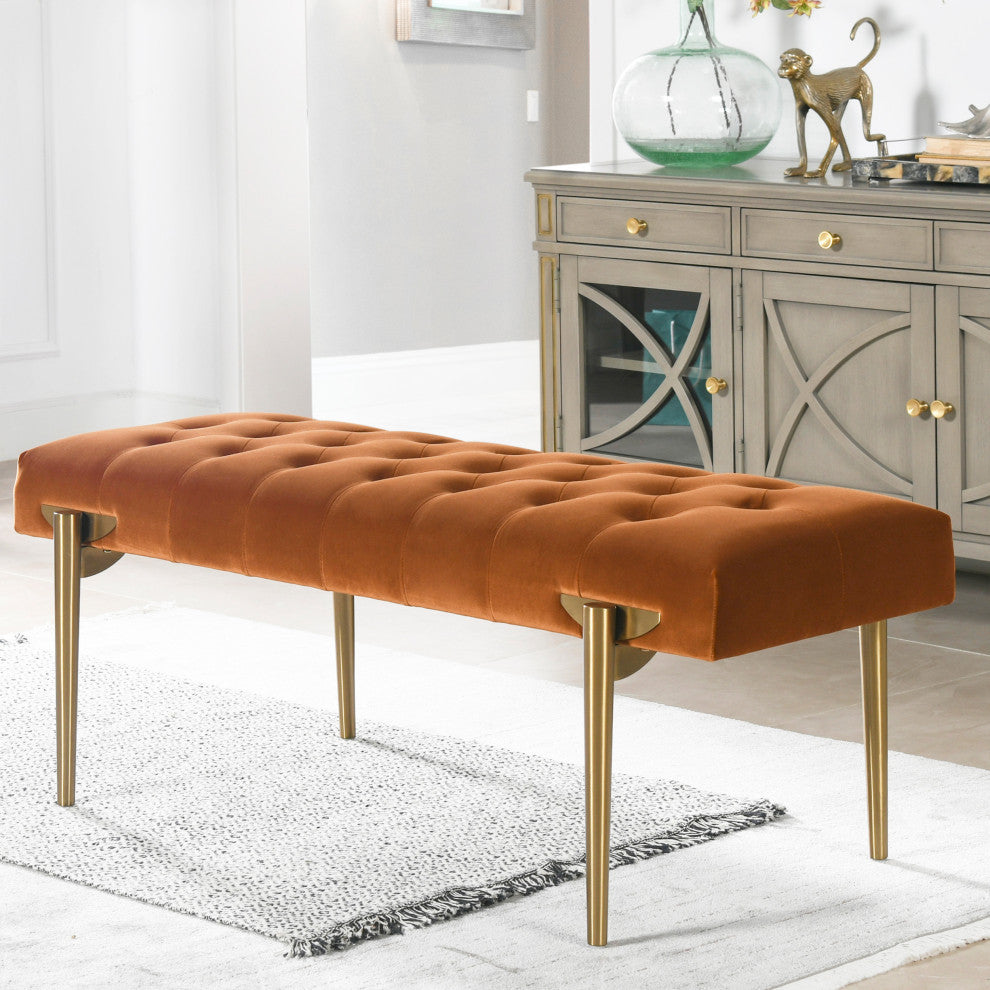 Aria 49" Upholstered Tufted Gold Accent Entryway Bench, Burnt Orange Performance Velvet