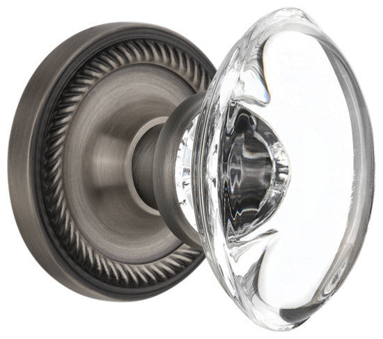 Rope Rosette Passage Oval Clear Crystal Glass Door Knob, Antique Pewter