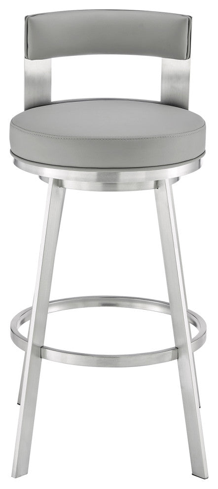 Lynof Swivel Counter Stool With Faux Leather, Light Gray, Brushed Stainless Steel
