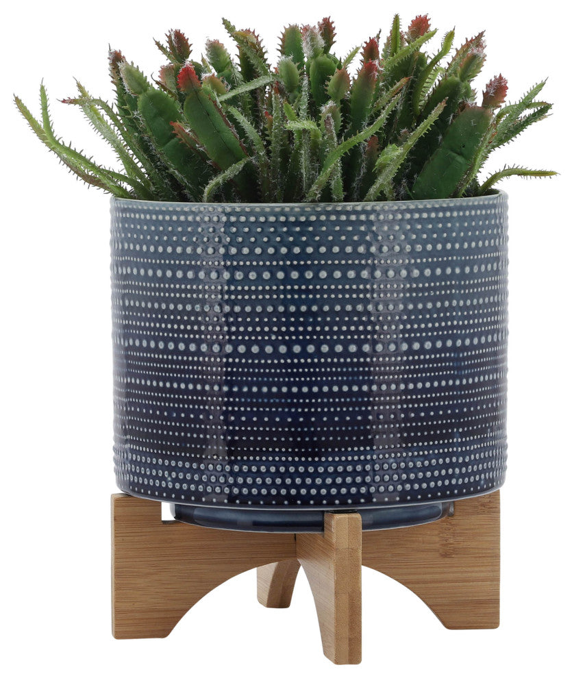 8" Dotted Planter With Wood Stand, Blue