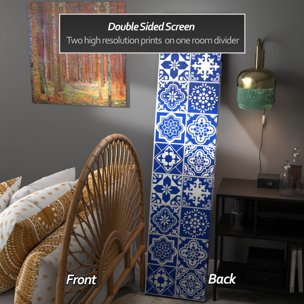 6' Tall Double Sided Blue and White Tile Canvas Room Divider