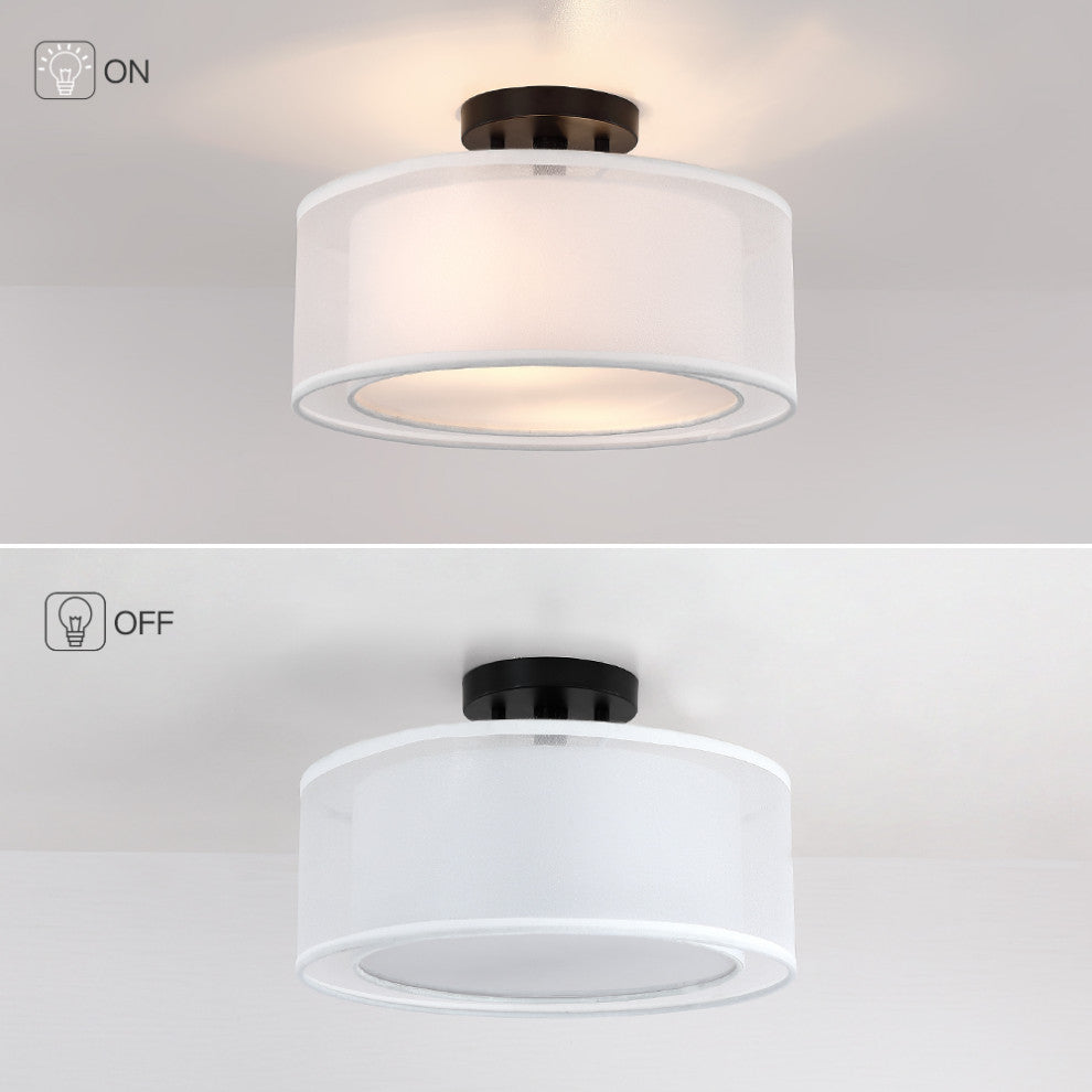 13"W 2-Light Semi-Flush Mount With White Double Drum Shade