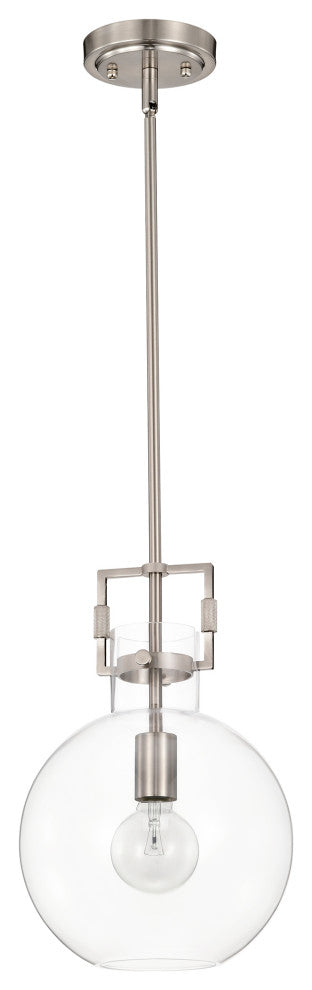 1-Light 10 in. Brushed Nickel Pendant With Globe Shaped Clear Glass Shade