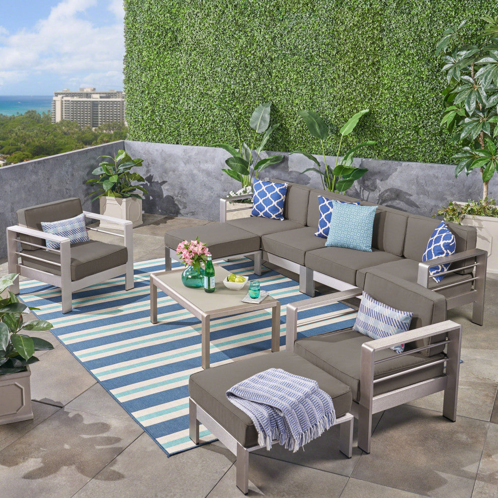 GDF Studio Emily Coral Outdoor Sectional Set With Ottomans and Coffee Table