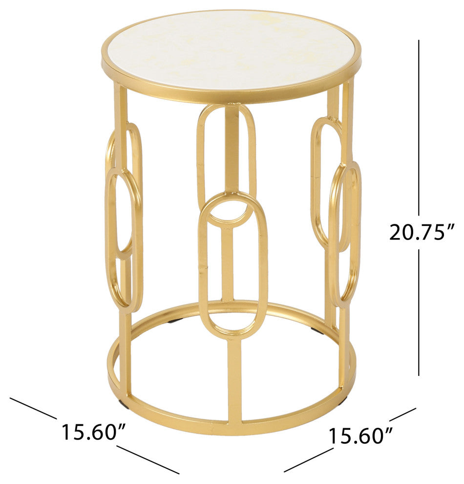 GDF Studio Madison Indoor Glam 16" White Finish Faux Stone Side Table