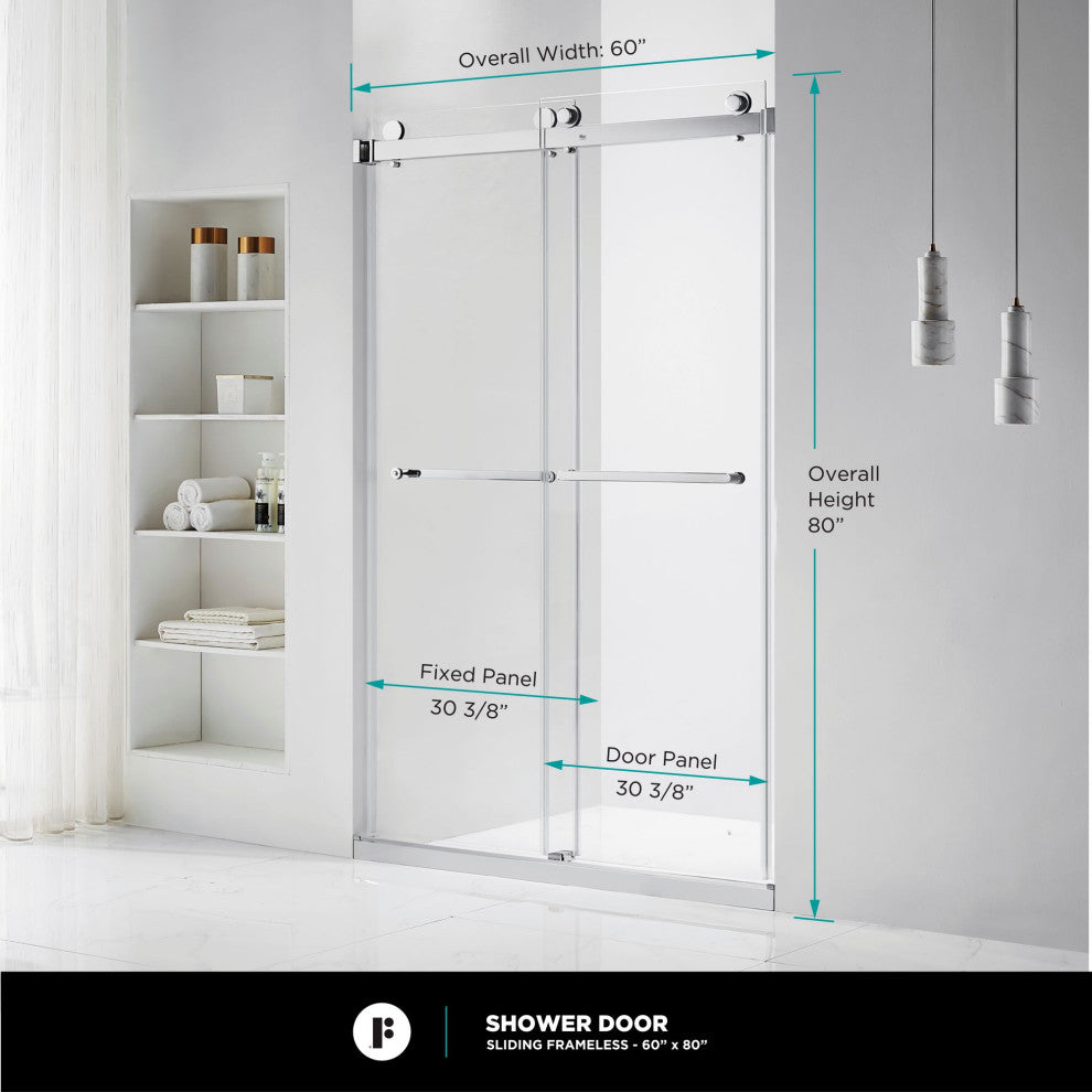 Frameless Clear Sliding Shower Door With Tempered Glass - Shower Bathroom Door, Satin Nickel, 60" X 80", Double Sliding Door