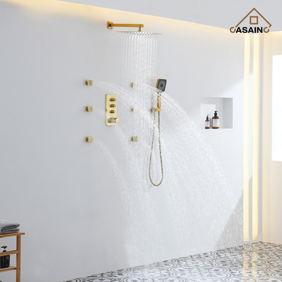 3 Functions 12 Inch Wall Mount Thermostatic Shower System, Brushed Gold