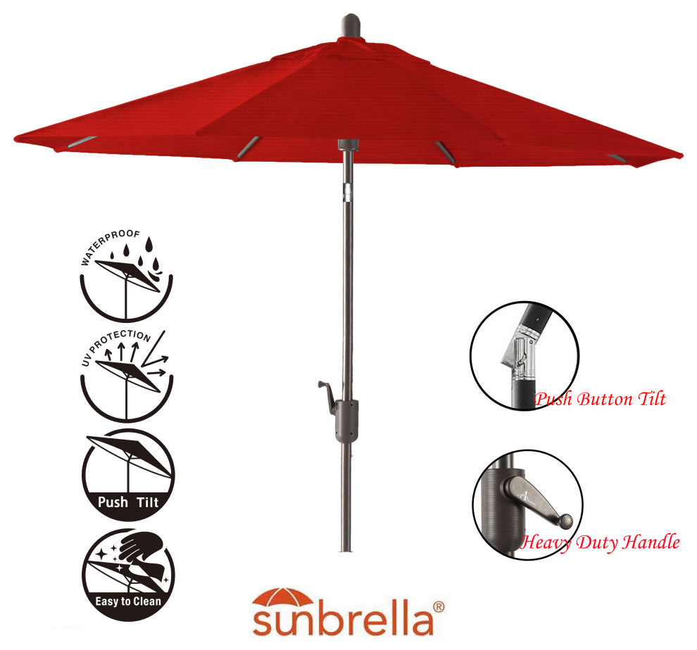 9' Round Push Tilt Market Umbrella, Antique Bronze frame, Sunbrella, Jockey Red