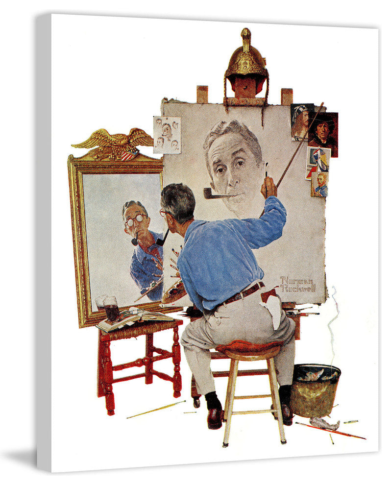"Triple Self Portrait" Painting Print on Canvas by Norman Rockwell