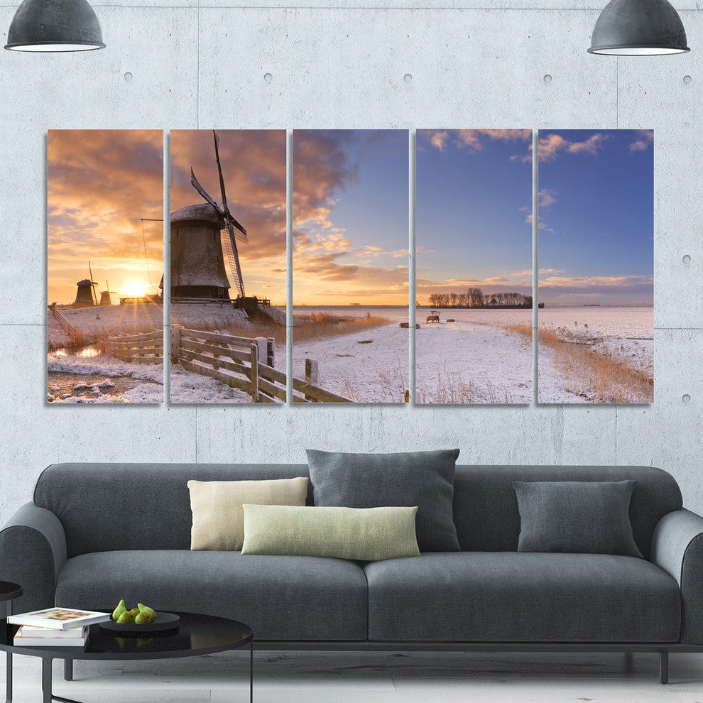 Dutch Windmills at Sunrise, Abstract Canvas Art Print, 60"x28", 5 Panels