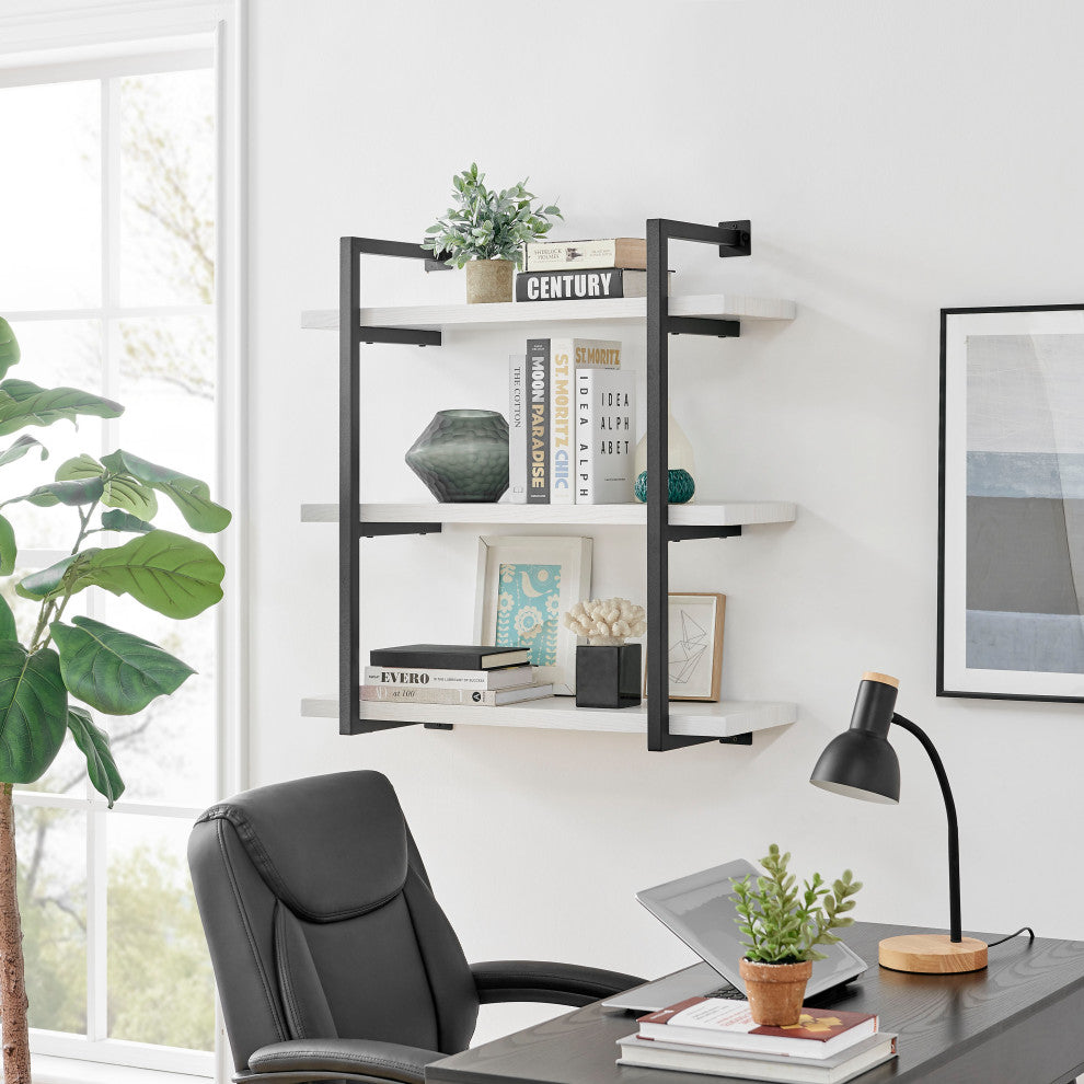 Danya B. Modern 3-Tier Hanging Wall Shelves, Metal and White Birch Finish