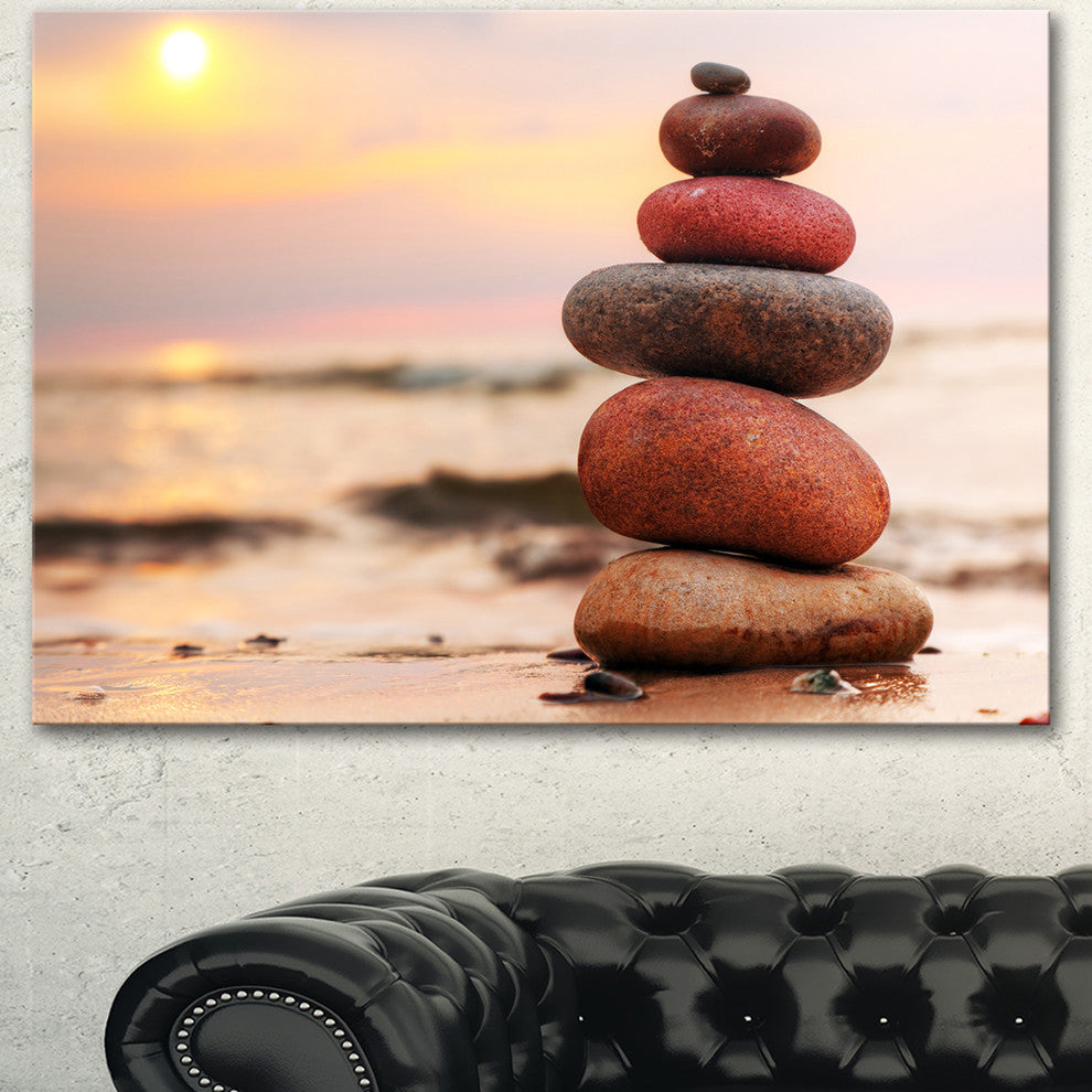 Stones Pyramid on Sand Symbolizing Zen, Landscape Canvas Art Print, 60"x28"