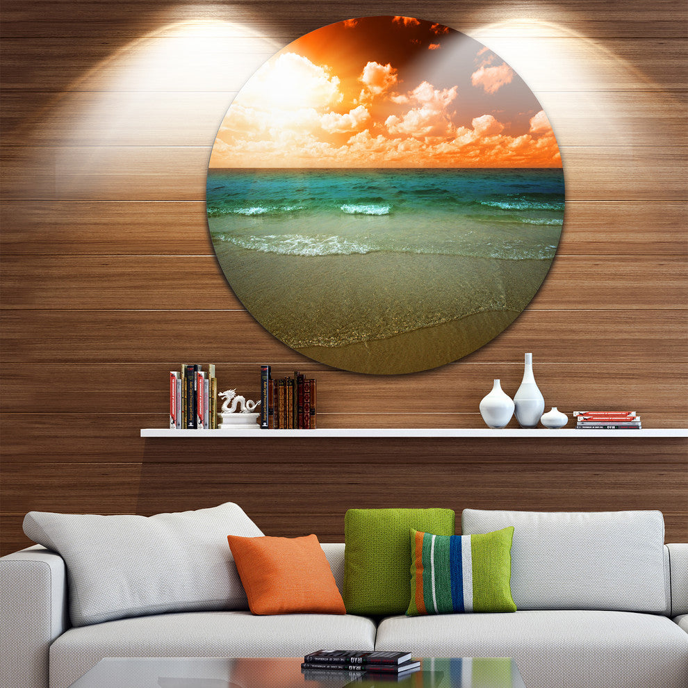 Dramatic Sky Over Tropical Sea Beach, Seashore Disc Metal Artwork, 23"