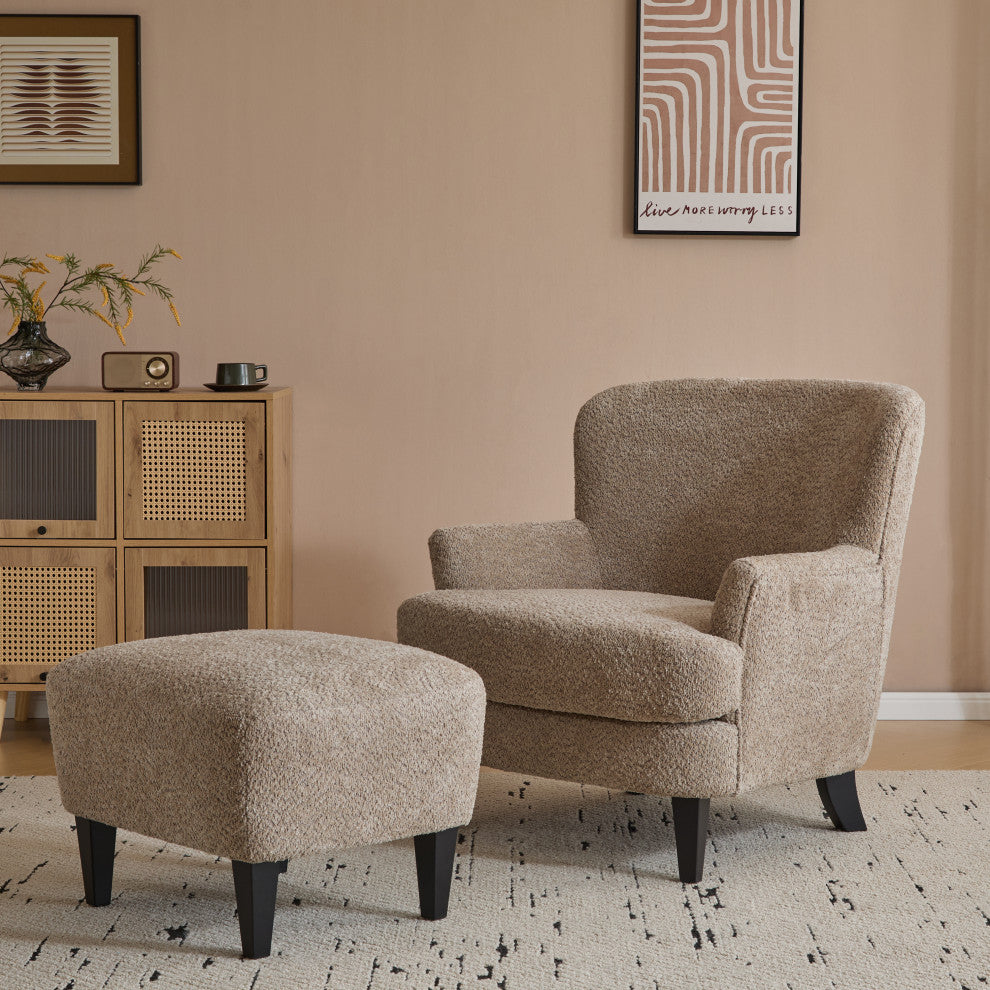 Gerald Boucle Upholstered Club Chair and Ottoman Set, Brown