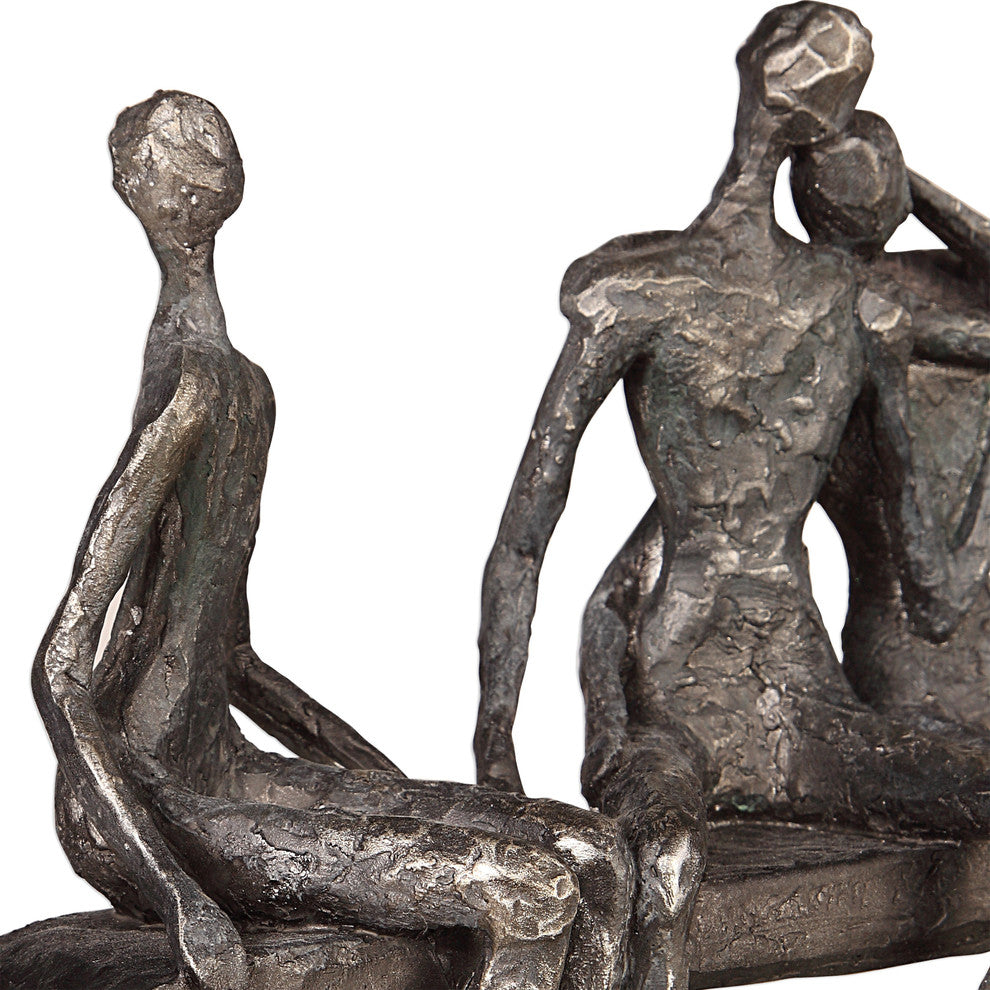 Modern Figural Friendship Sculpture Figurine | Silver Black Man Woman Friends
