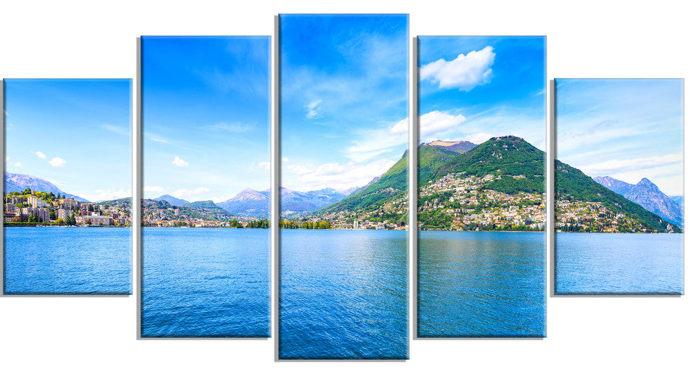 "Lugano Lake Ticino Panorama" Seashore Canvas Art, 5 Panels, 60"x32"