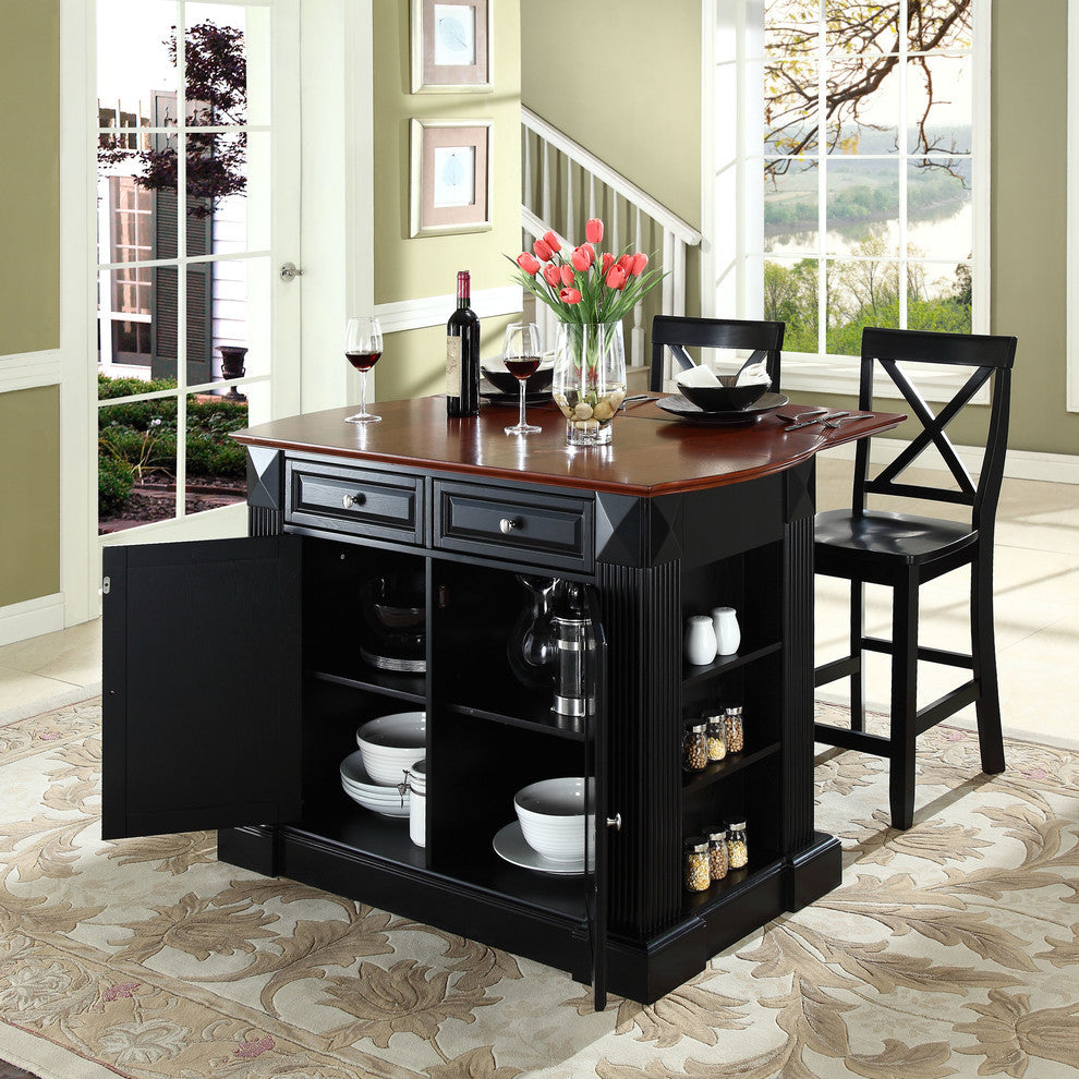 Drop Leaf Breakfast Bar Top Kitchen Island With 24" Blackx-Back Stools