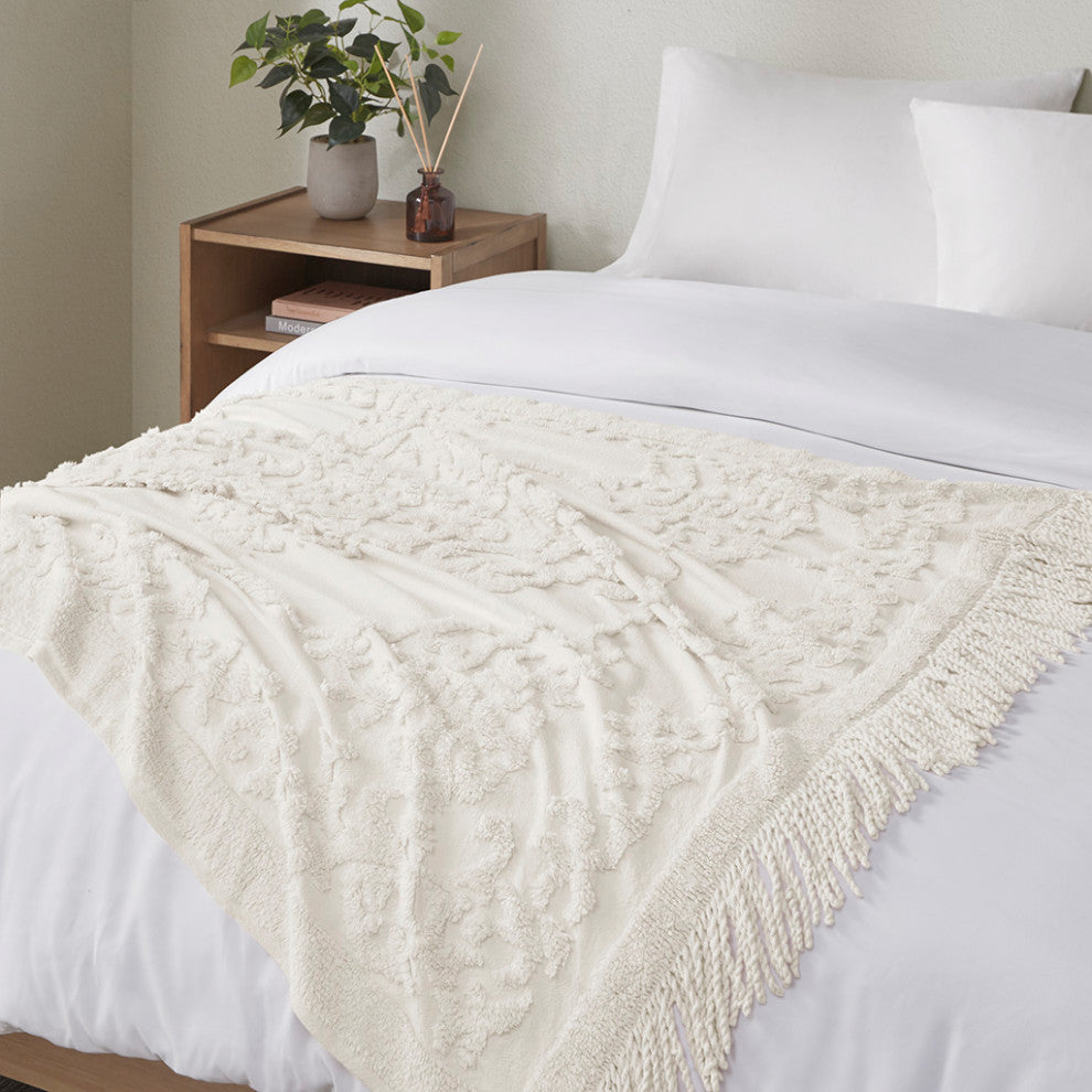 Madison Park Chloe Fringed Tufted Throw Blanket, Boho Pattern, White